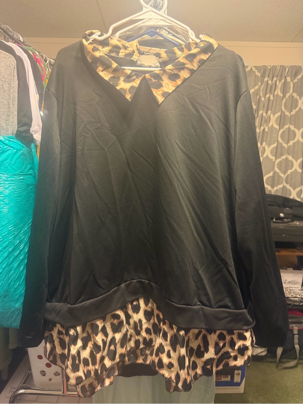 Black Women's Sweatshirt with Leopard Trim - Long Sleeve Pullover